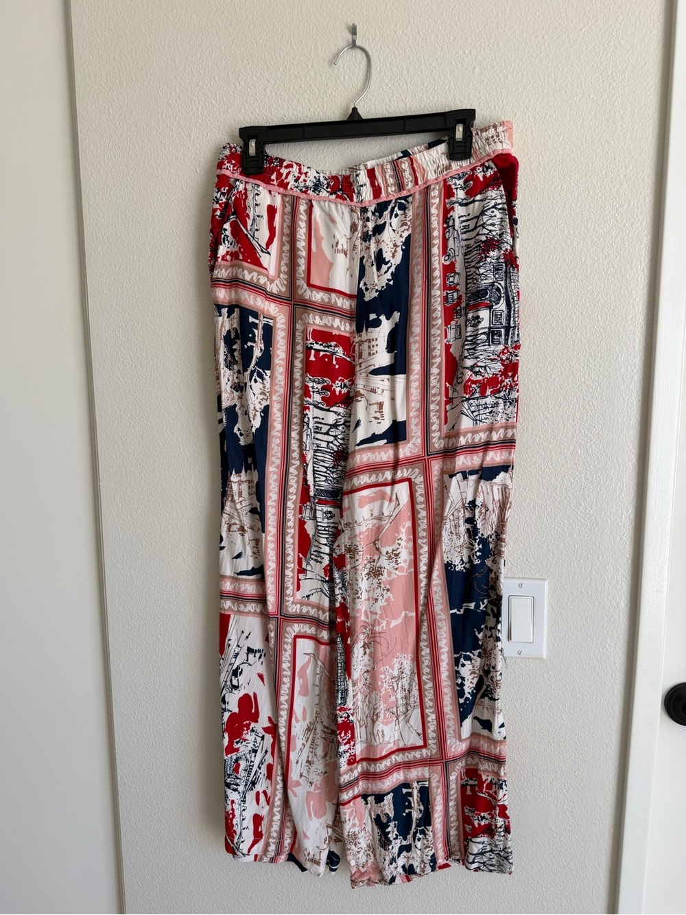 Wide-Leg Printed womens Pants - Red, Navy & Pink